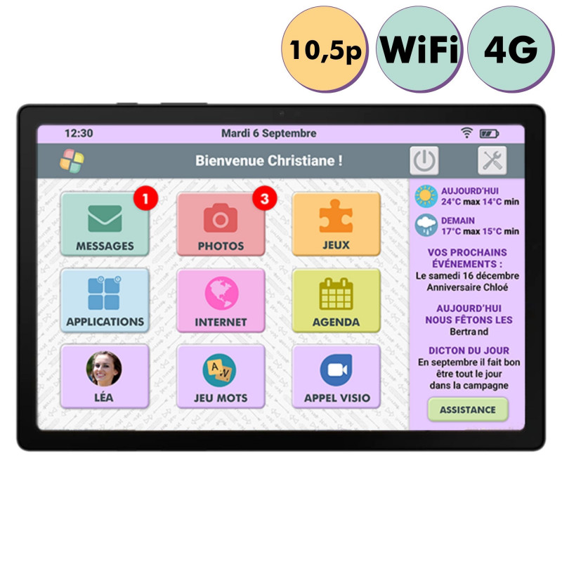 Tablette simplifiée Facilotab L Galaxy - 10,5 p - WiFi/4G - 32 Go - Android 14 - Marque SAMSUNG - Interface seniors Tablette simplifiée Facilotab L Galaxy - 10,5 p - WiFi/4G - 32 Go - Android 14 - Marque SAMSUNG - Interface seniors