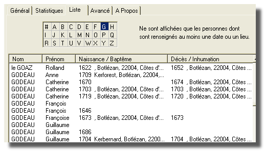 Gedcom Vision : liste des personnes dans la gnalogie